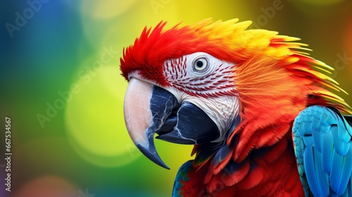 Close-up of a vibrant parrot, its colorful feathers shimmering in the sunlight.