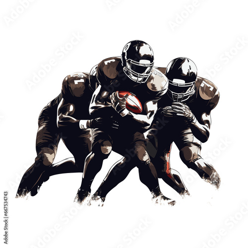 Black silhouette of a male American football athlete in-game action, throwing the football, running, passing, receiving, tackling, blocking, punting, intercepting the ball