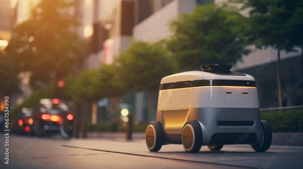  Autonomous food Delivery Vehicle driving in the city. Self driving delivery robot car - obrazy, fototapety, plakaty 