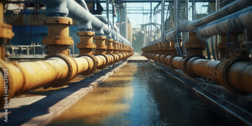 A picture of a long line of pipes with water running down them. This image can be used to depict industrial infrastructure or the concept of water supply and distribution.