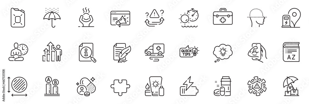 Icons pack as Delivery insurance, Puzzle and Difficult stress line icons for app include Feather signature, Yoga, Canister oil outline thin icon web set. Attention, Waterproof umbrella. Vector