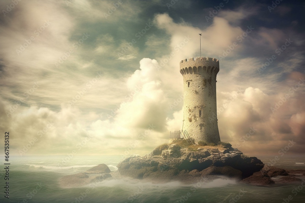 Tower amidst clouds at midday near the sea. Generative AI