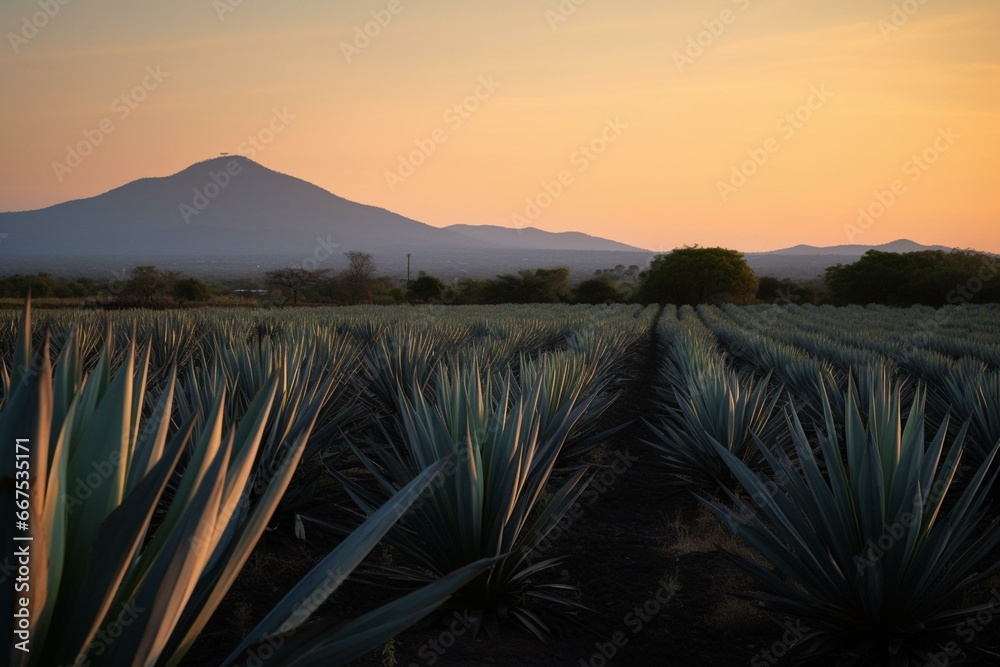 Agave tequilana weber field used for producing tequila at sunset with a view of the Tequila volcano. Generative AI - obrazy, fototapety, plakaty 