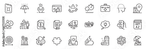 Icons pack as Delivery insurance, Puzzle and Difficult stress line icons for app include Feather signature, Yoga, Canister oil outline thin icon web set. Attention, Waterproof umbrella. Vector
