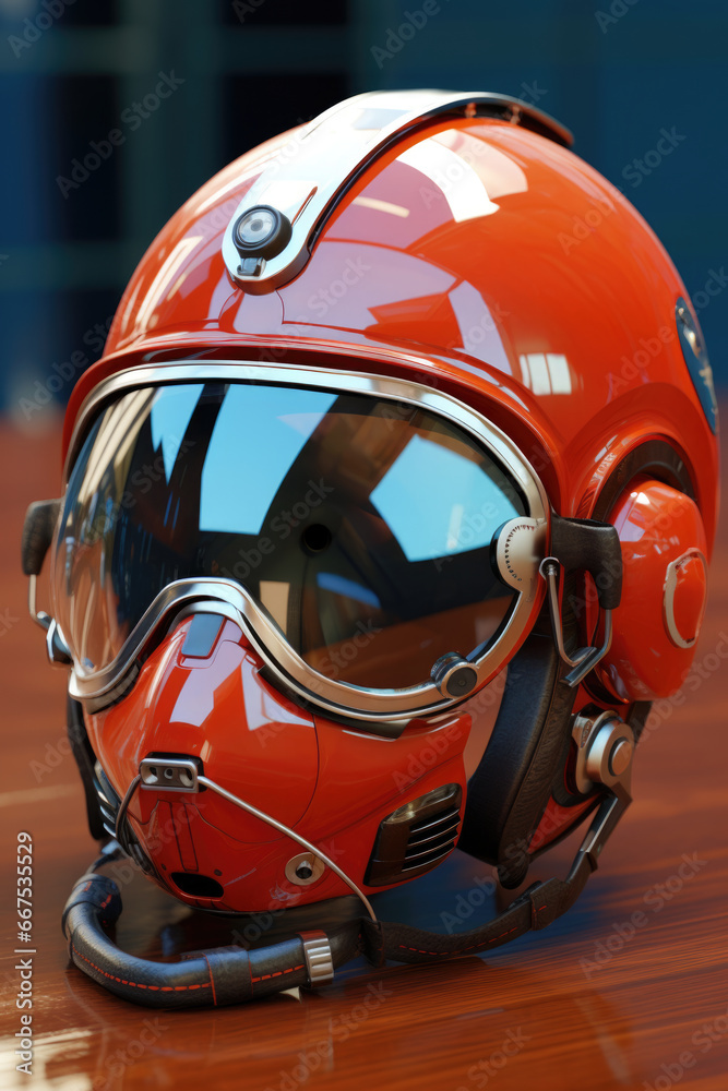 A helmet with goggles is placed on a wooden table. This image can be used to depict safety equipment or outdoor activities. A helmet with goggles is placed on a wooden table. This image can be used to depict safety equipment or outdoor activities.
