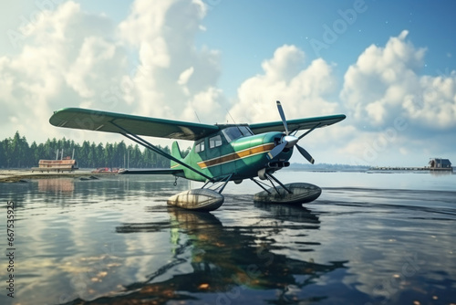 A small plane is seen sitting on top of a body of water. This image can be used to depict a variety of scenes, such as a calm landing, a serene location, or a peaceful vacation spot.