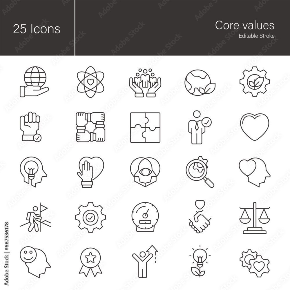 Core values icon set.  25 editable stroke vector graphic elements, stock illustration Icon, Business, Honesty, Morality, Responsibility, Community