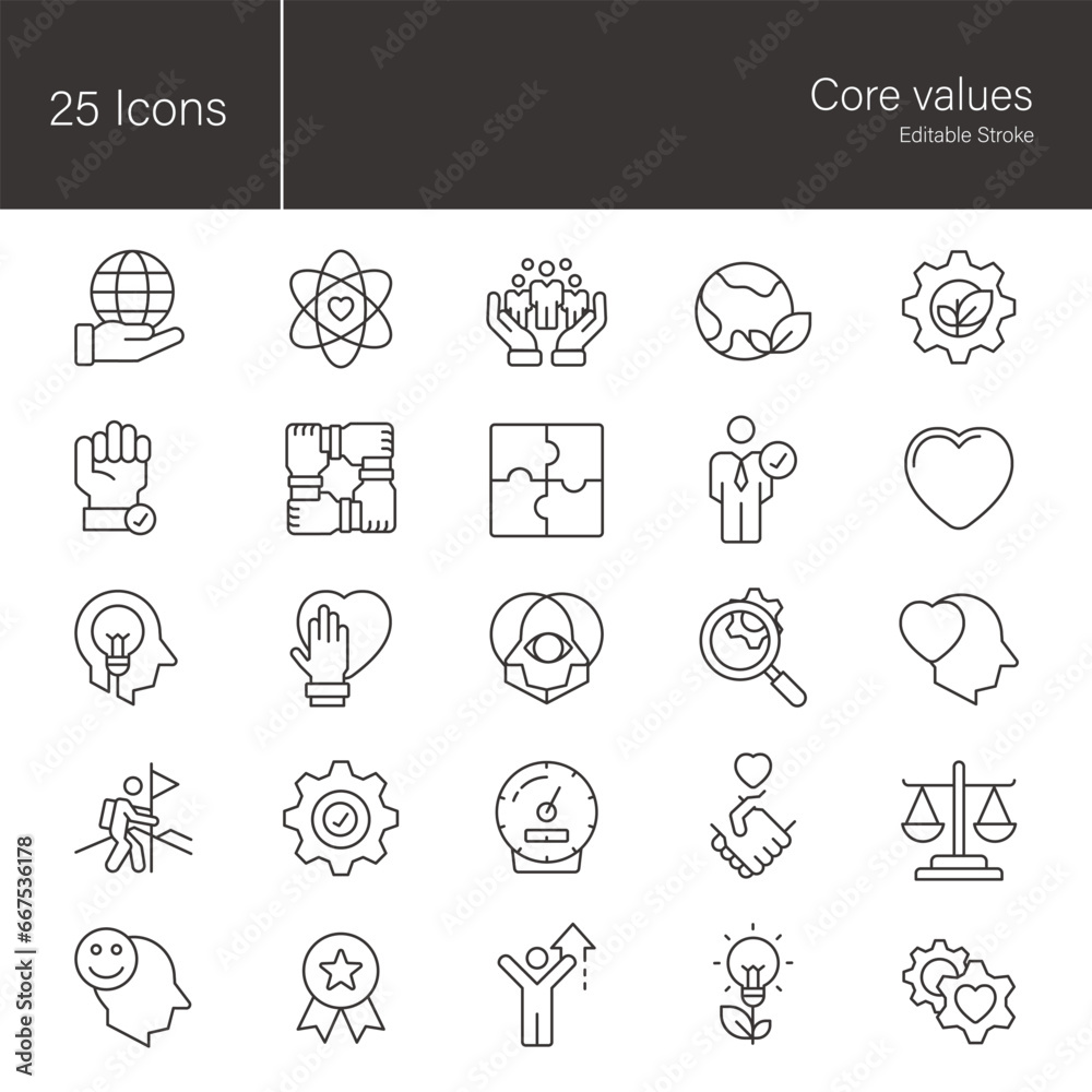 Core values icon set. 25 editable stroke vector graphic elements, stock ...