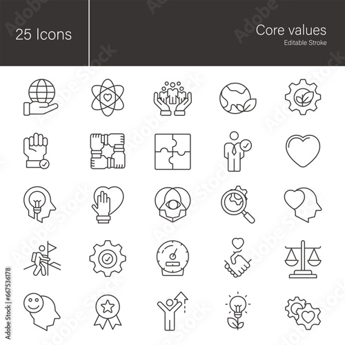Core values icon set. 25 editable stroke vector graphic elements, stock illustration Icon, Business, Honesty, Morality, Responsibility, Community