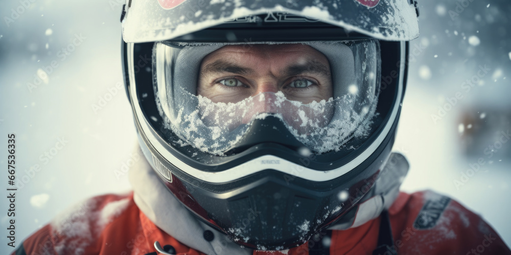 A man wearing a helmet and goggles stands confidently in the snow. Perfect for winter sports enthusiasts or outdoor adventure campaigns A man wearing a helmet and goggles stands confidently in the snow. Perfect for winter sports enthusiasts or outdoor adventure campaigns