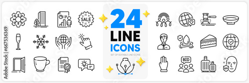 Icons set of Buildings, Execute and Three fingers line icons pack for app with Champagne glass, Tea cup, World brand thin outline icon. Idea lamp, Air conditioning, Inclusion pictogram. Vector