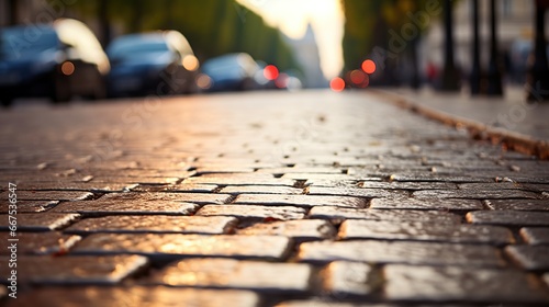 Cobblestone pavement in the city at sunset. Blurred background. photo