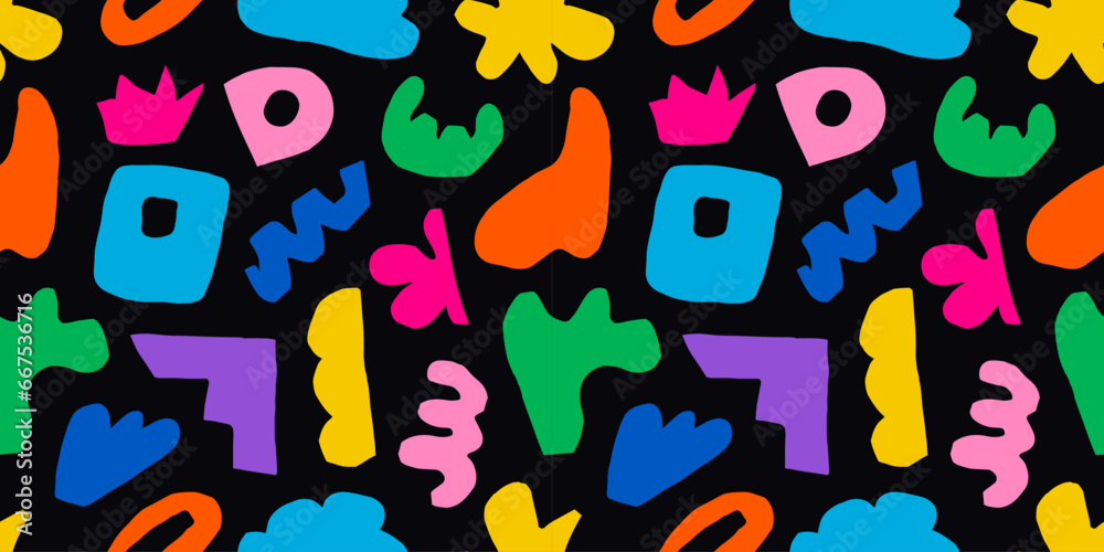Fototapeta premium Abstract seamless pattern of colorful hand drawn freeform. Modern vector illustration in black background