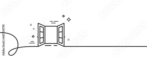 Open door line icon. Continuous one line with curl. Entrance doorway sign. Building exit symbol. Open door single outline ribbon. Loop curve pattern. Vector