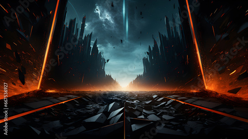 Intense, sci-fi landscape with glowing pillars, fiery horizon, and floating debris, capturing an apocalyptic feel. Ideal for futuristic backgrounds.