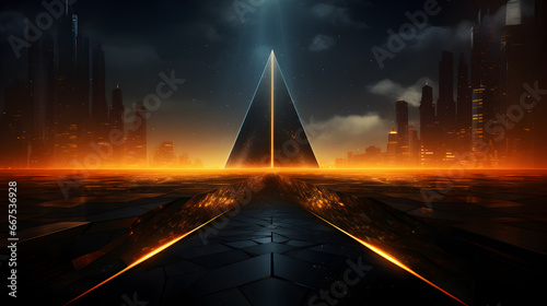Cosmic cityscape backdrop with a pyramid, radiant orange design and structures. Perfect for capturing the essence of otherworldly futuristic designs.