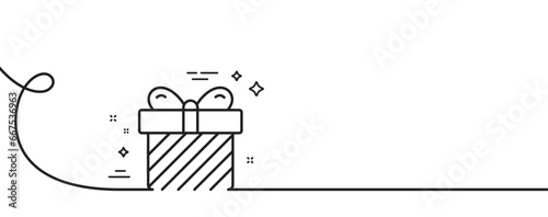 Gift box line icon. Continuous one line with curl. Present or Sale sign. Birthday Shopping symbol. Package in Gift Wrap. Surprise single outline ribbon. Loop curve pattern. Vector