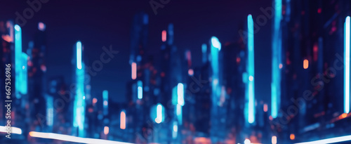 Abstract night lights of a modern futuristic cityscape. Defocused image of a dark street. Tall buildings, towers skyscrapers with glowing windows. Wide scale image created using Generative AI tools. © bagotaj