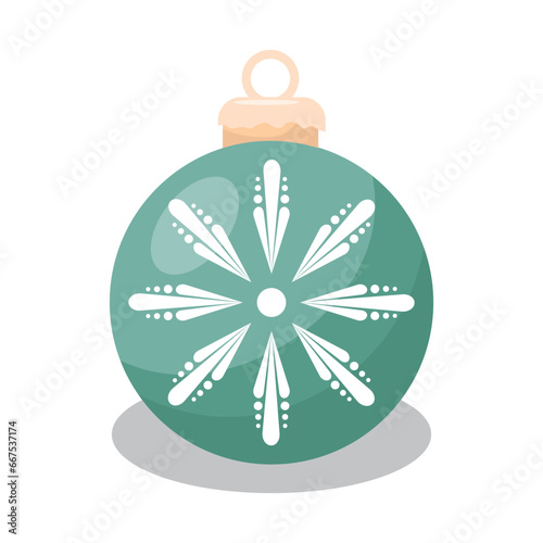 A green ball with a snowflake on a Christmas tree. Christmas ornaments trinkets. Items of festive decoration. Vector illustration