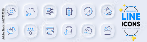 Delivery time, Gift dream and Speech bubble line icons for web app. Pack of Tomato, Presentation, Tickets pictogram icons. Wallet, Direction, Talk bubble signs. Elevator. Neumorphic buttons. Vector