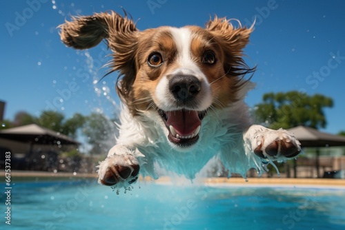 Cute dog jumping into the swimming pool with splashes of water