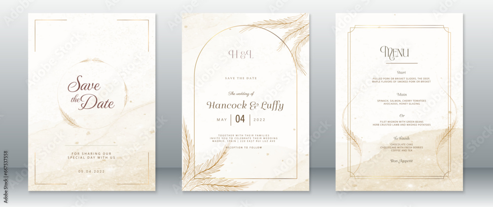 Elegant wedding invitation card template with gold frame design of nature leaf and watercolor background - obrazy, fototapety, plakaty 