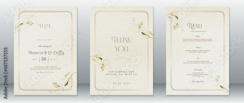 Luxury wedding invitation card template gold design with golden frame and watercolor background