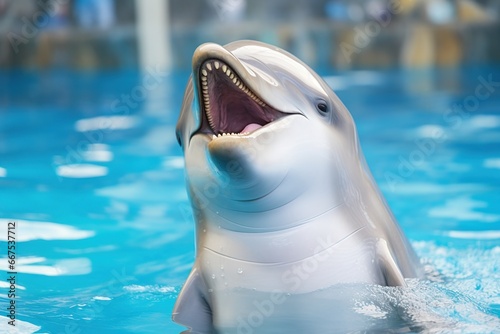 dolphin in the pool, close-up of a white dolphin