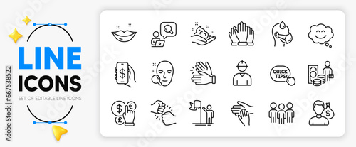 Inspect, Engineer and Sick man line icons set for app include Vote, Lips, Volunteer outline thin icon. Money currency, Quick tips, Face search pictogram icon. Clapping hands, Smile chat. Vector