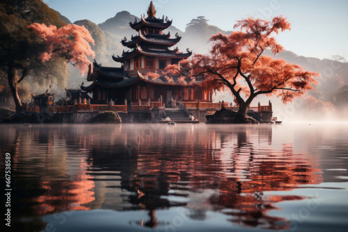Twilight Reflections of a Historic Temple by the Lake. A serene temple by the lake, surrounded by nature's beauty. (ID: 667538589)