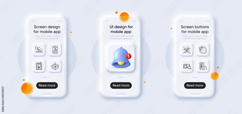 Window cleaning, Startup concept and Search book line icons pack. 3d phone mockups with bell alert. Glass smartphone screen. Mobile survey, Get box, Mobile finance web icon. Vector Window cleaning, Startup concept and Search book line icons pack. 3d phone mockups with bell alert. Glass smartphone screen. Mobile survey, Get box, Mobile finance web icon. Vector