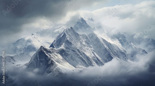 Majestic mountains covered in snow, piercing through a blanket of clouds.