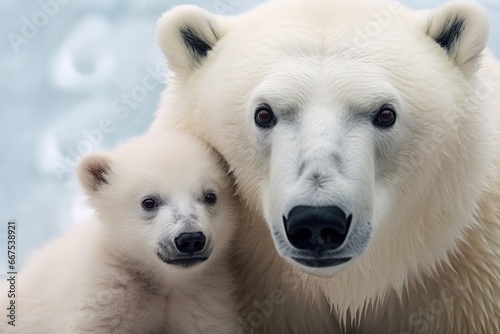 Polar bear mother and baby on the snow, close up.