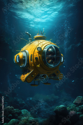 A vibrant yellow submarine peacefully floats on the surface of the ocean. This image can be used to depict exploration, adventure, or underwater themes