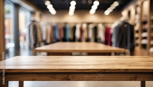 Empty wooden desk with blurred background of clothing store.