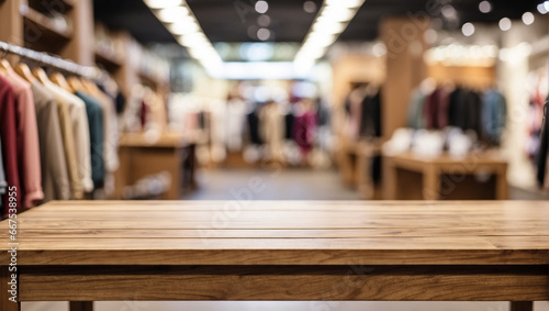 Empty wooden desk with blurred background of clothing store.