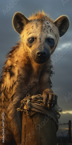 A hyena standing confidently on top of a wooden post. This image can be used to depict wildlife, animal behavior, or the natural world