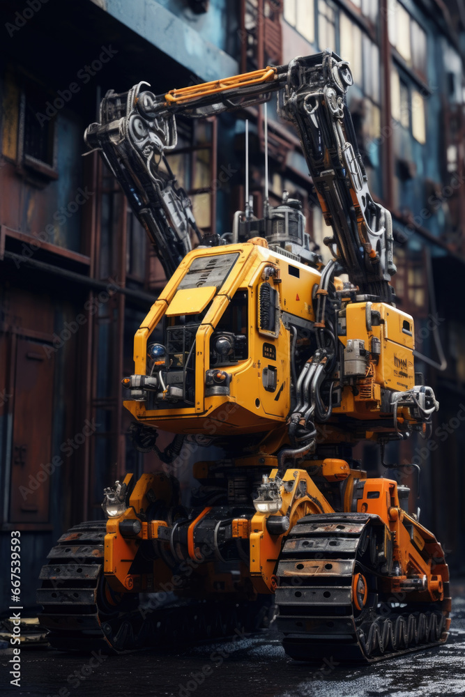 A yellow and black construction vehicle parked in front of a building. This image can be used to showcase construction projects, urban development, or the progress of infrastructure