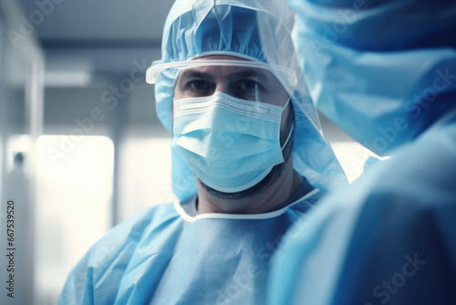A man wearing a surgical mask and gown. This image can be used to represent medical professionals, healthcare, or protection against viruses and diseases