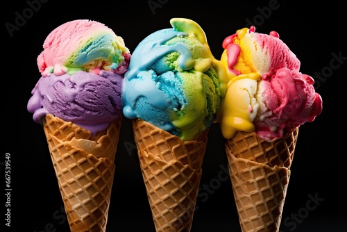 colorful tasty melting ice cream in waffle cone in rainbow colors