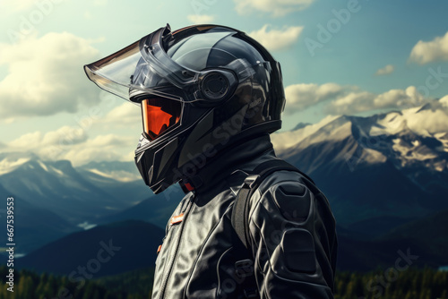 A person wearing a helmet and goggles standing in front of a majestic mountain range. Perfect for outdoor enthusiasts and adventure seekers © Fotograf