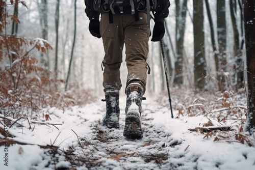 A person is walking along a trail covered in snow. This image can be used to depict winter activities, outdoor adventures, or peaceful walks in nature