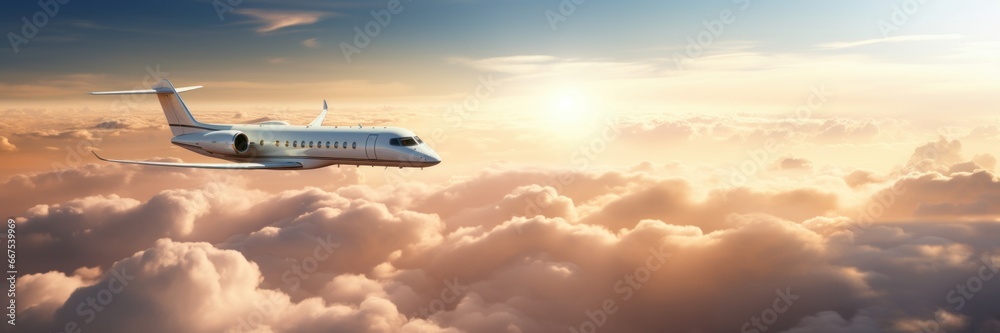 Private jetplane flying above amazing clouds. Beautiful sunset sky.