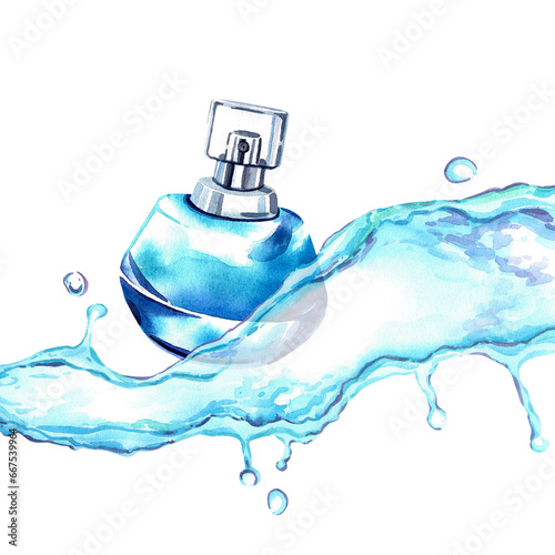 A stylish composition of a splash of blue water and perfume. Shiny liquid. Watercolor illustration on an isolated background. Beauty, fashion and health. Fresh fragrance.