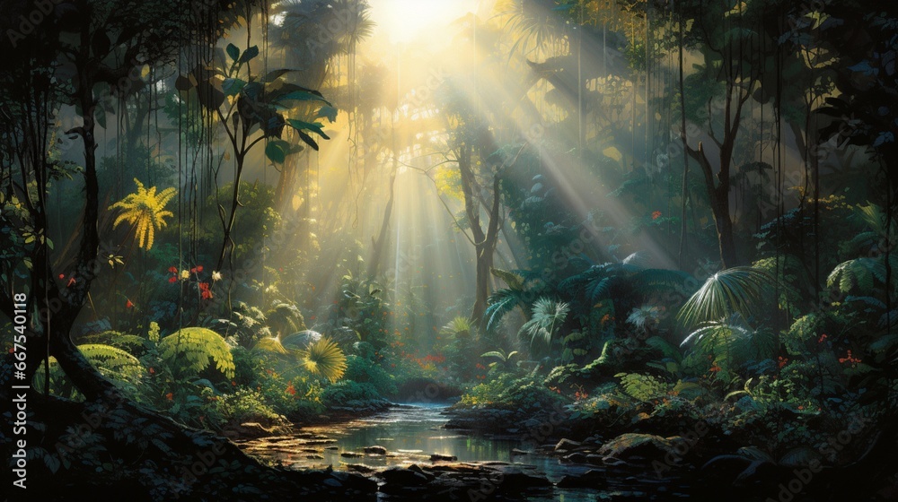 The dynamic interplay of light and shadow as the sun pierces through a dense rainforest canopy.