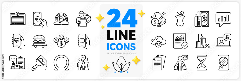 Icons set of Omega, Family insurance and Delivery man line icons pack for app with Hdd, Cloud computing, Music thin outline icon. Chat app, Payment, Mortgage pictogram. Sulfur mineral. Vector