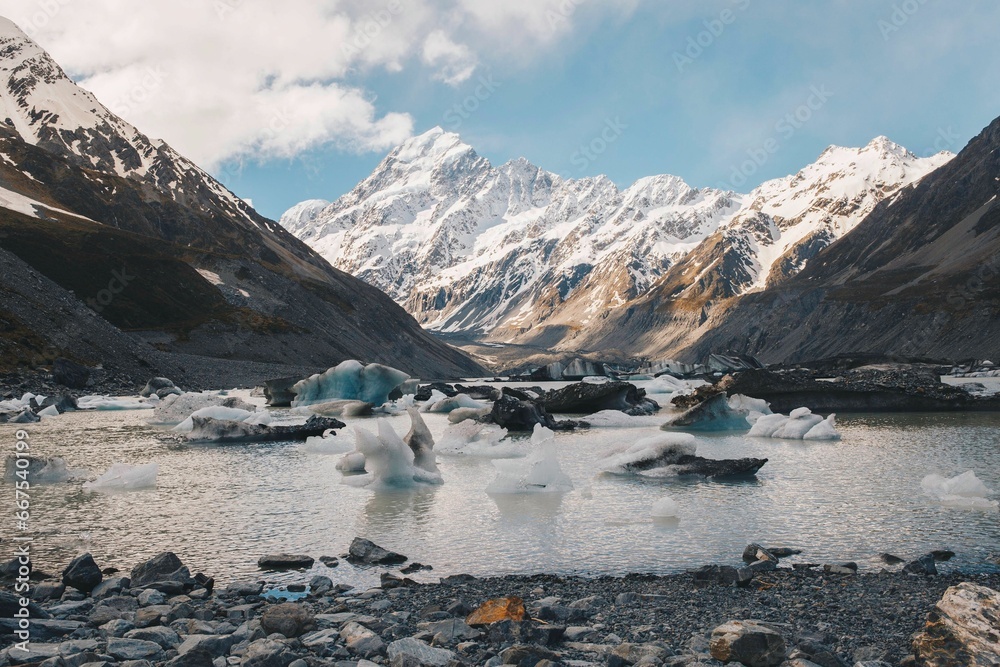 Idyllic winter scene of ice chunks in a river with Mt Cook in the background in New Zealand