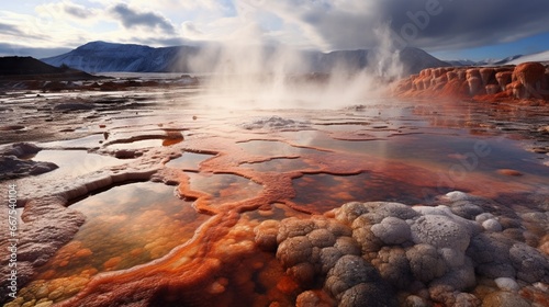 The dramatic landscape of a geothermal area, with colorful mineral deposits, steam vents, and boiling mud pools.