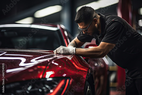 Car detailing series : Worker in protective gloves polishing a red car