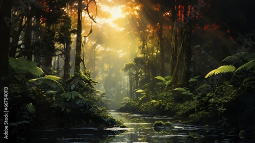 The dynamic interplay of light and shadow as the sun pierces through a dense rainforest canopy.